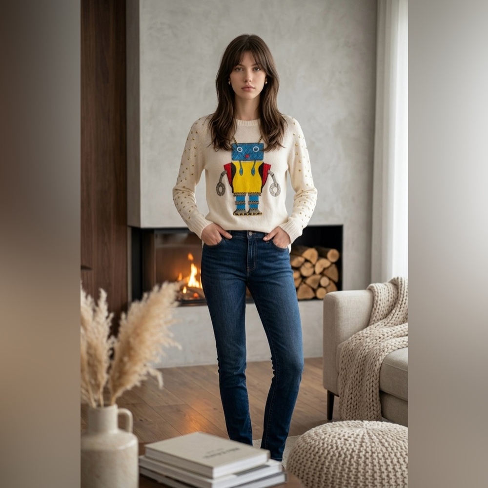 Lauren Moshi Cream Sweater with Colorful LES FASHION ROBOT